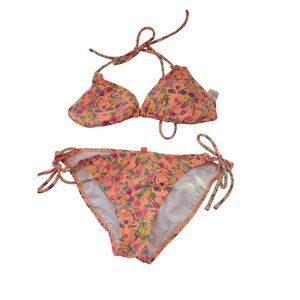 Vtg Y2K Bikini Set Pink Floral Skull Adjustable Triangle Top Tie-Side Bottoms